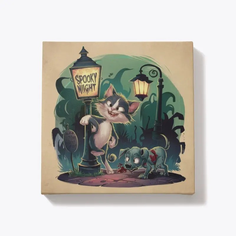 Spooky Night Cat and Zombie Dog Canvas